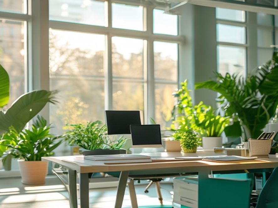Office morning environment Bright morning light in office space with employees settling into their workstations